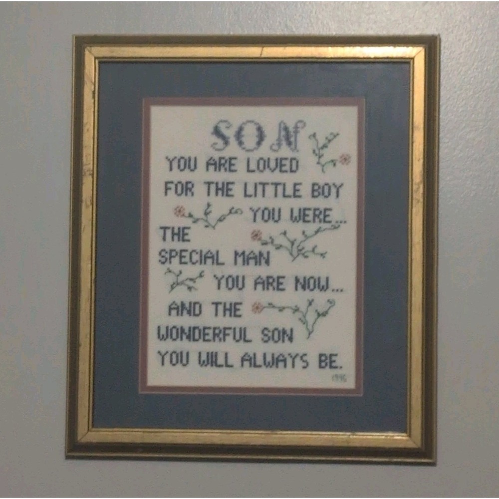 VTG Framed Cross Stitch "Son You Are Loved" Poem Patty Ann Creation 15x13"